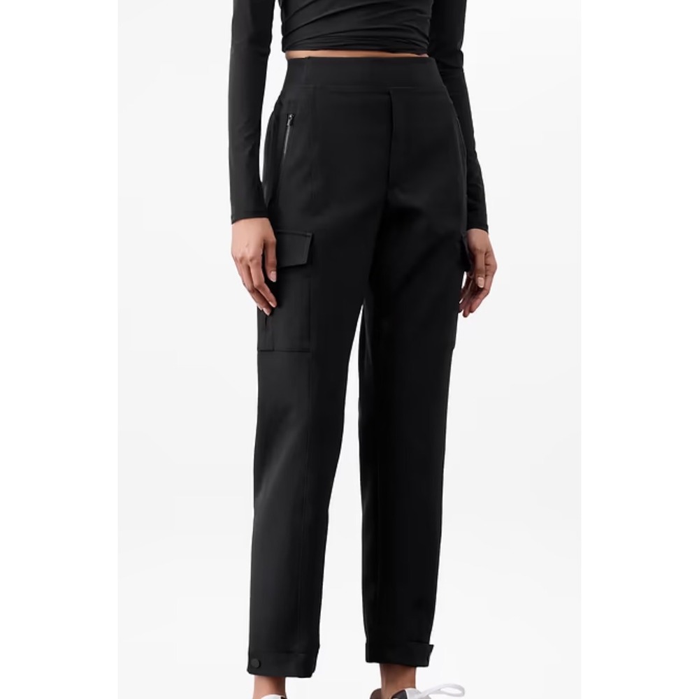 Athleta Women Black Cargo Pants High Rise Tapered Snap Cuff Tall Size 10T